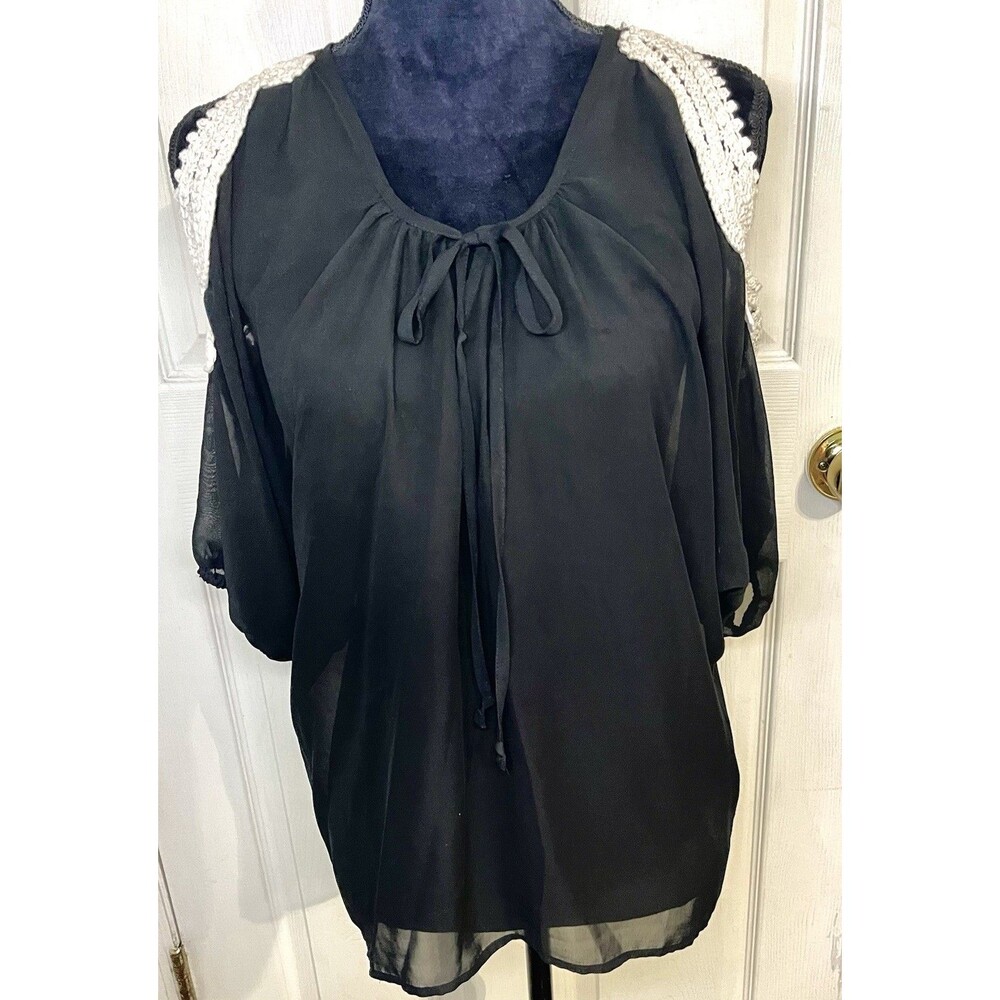 Black Semi Sheer Crochet Lace Blouse Womens Sz S Cold Shoulder American Dream